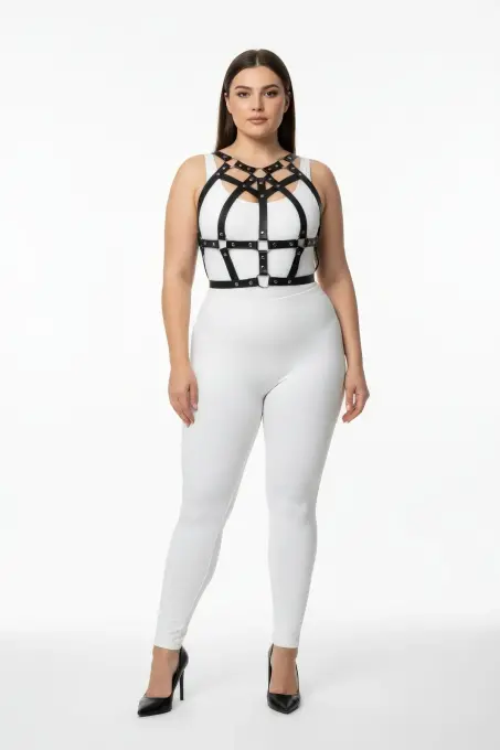 Büyük Beden Siyah Kadın Harness Takım Zımba Detaylı Şık Vücut Aksesuarı - APFT1085 - 1
