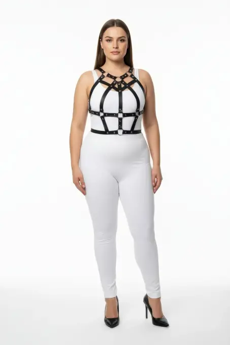 Büyük Beden Siyah Kadın Harness Takım Zımba Detaylı Şık Vücut Aksesuarı - APFT1085 - 2