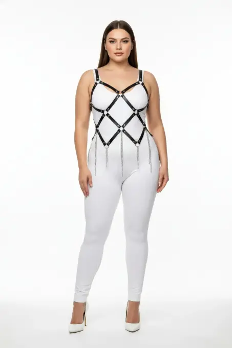 Büyük Beden Siyah Kadın Harness Takım Zincir Detaylı Çarpıcı Tasarım - APFT950 - 1