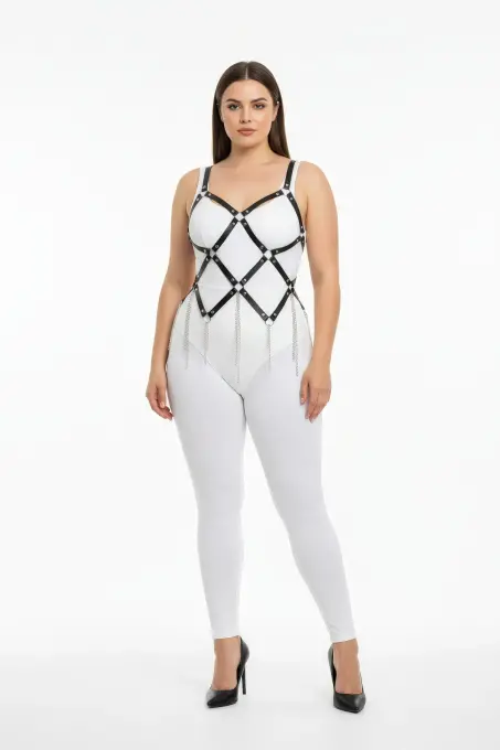 Büyük Beden Siyah Kadın Harness Takım Zincir Detaylı Çarpıcı Tasarım - APFT950 - 2