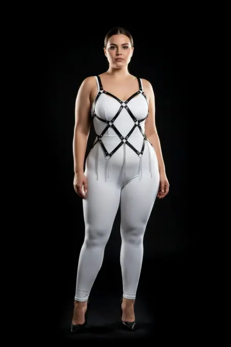 Büyük Beden Siyah Kadın Harness Takım Zincir Detaylı Çarpıcı Tasarım - APFT950 - 3