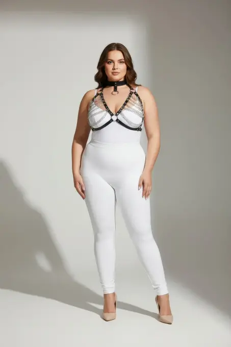 Büyük Beden Siyah Kadın Harness Takım Zincir Detaylı Deri Body Aksesuarı - APFT945 - 1