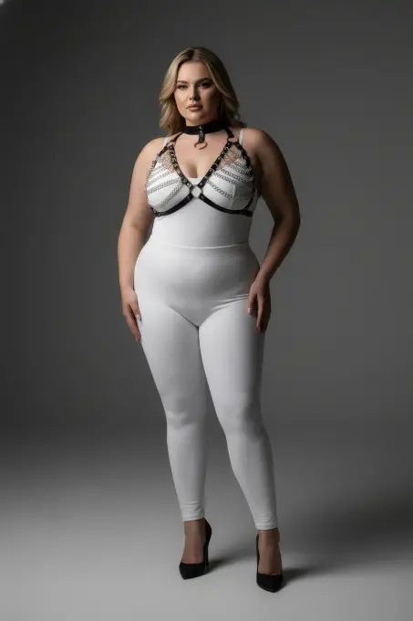 Büyük Beden Siyah Kadın Harness Takım Zincir Detaylı Deri Body Aksesuarı - APFT945 - 2