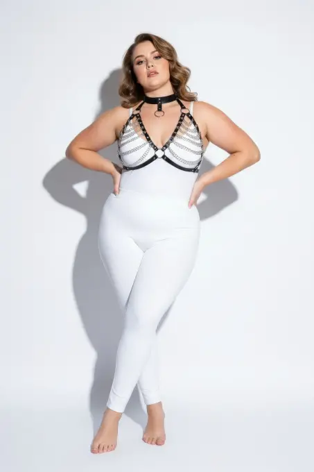 Büyük Beden Siyah Kadın Harness Takım Zincir Detaylı Deri Body Aksesuarı - APFT945 - 3