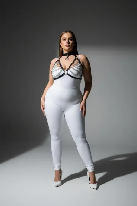 Büyük Beden Siyah Kadın Harness Takım Zincir Detaylı Deri Body Aksesuarı - APFT945 - 4