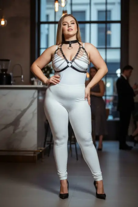 Büyük Beden Siyah Kadın Harness Takım Zincir Detaylı Deri Body Aksesuarı - APFT945 - 5