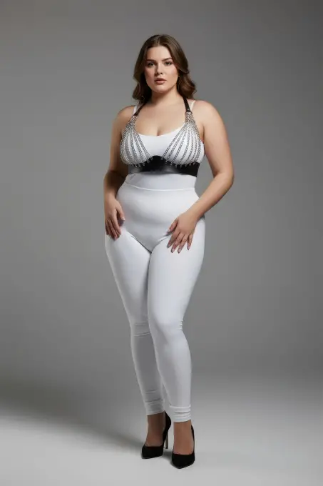 Büyük Beden Siyah Kadın Harness Takım Zincir Detaylı Deri Fantezi Aksesuar - APFT964 - 2