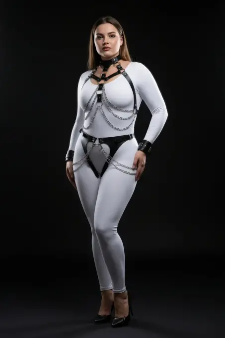 Büyük Beden Siyah Kadın Harness Takım Zincir Detaylı Deri Fantezi Aksesuarı - APFT1067 - 1