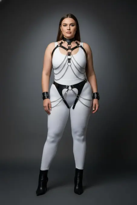 Büyük Beden Siyah Kadın Harness Takım Zincir Detaylı Deri Fantezi Aksesuarı - APFT1067 - 2