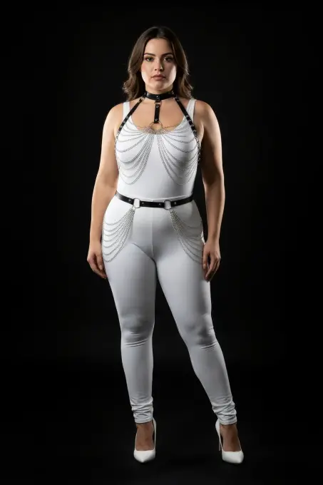 Büyük Beden Siyah Kadın Harness Takım Zincir Detaylı Deri Fantezi Aksesuarı - APFT701 - 3