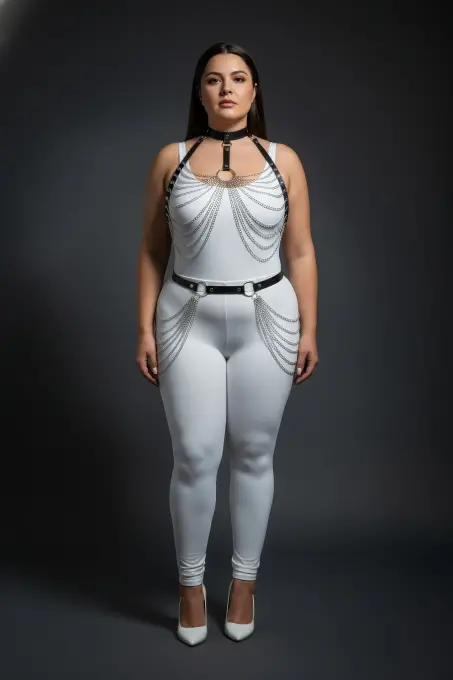 Büyük Beden Siyah Kadın Harness Takım Zincir Detaylı Deri Fantezi Aksesuarı - APFT701 - 4