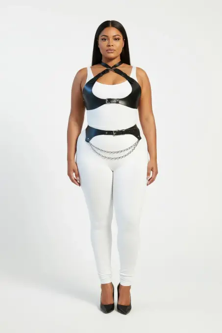 Büyük Beden Siyah Kadın Harness Takım Zincir Detaylı Deri Görünümlü Aksesuar - APFT1164 - Angels Passion (1)