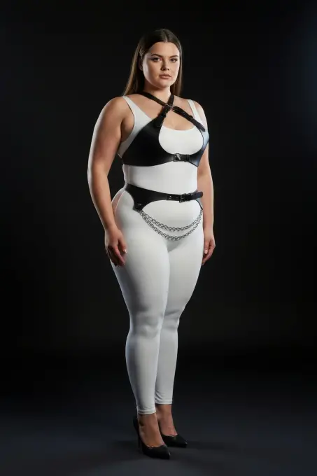 Büyük Beden Siyah Kadın Harness Takım Zincir Detaylı Deri Görünümlü Aksesuar - APFT1164 - 3