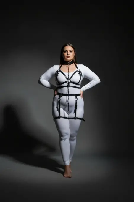 Büyük Beden Siyah Kadın Harness Takım Zincir Detaylı Deri Jartiyer Aksesuar - APFT457 - 4