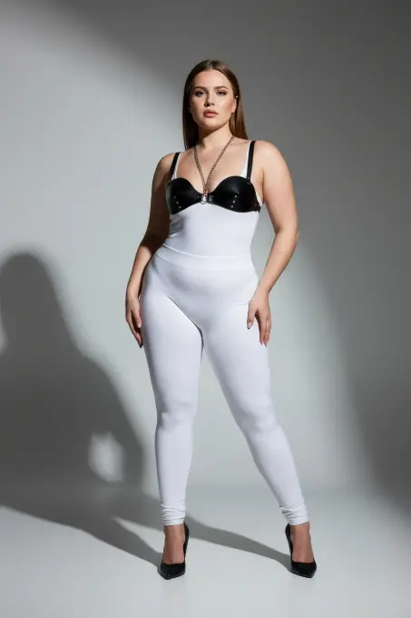 Büyük Beden Siyah Kadın Harness Takım Zincir Detaylı Deri Vücut Aksesuarı - APFT1380 - 1