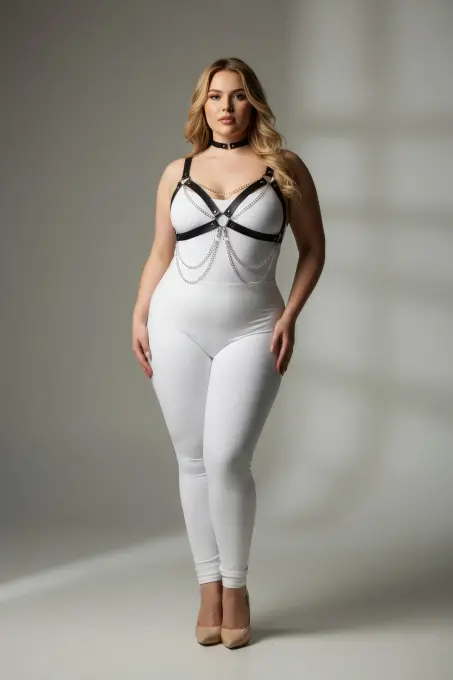 Büyük Beden Siyah Kadın Harness Takım Zincir Detaylı Deri Vücut Aksesuarı - APFT952 - 1