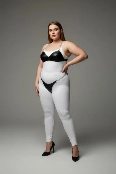 Büyük Beden Siyah Kadın Harness Takım Zincir Detaylı Fantazi Deri Görünümlü - APFT1169 - 1