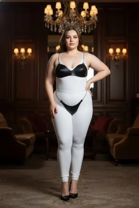 Büyük Beden Siyah Kadın Harness Takım Zincir Detaylı Fantazi Deri Görünümlü - APFT1169 - 3