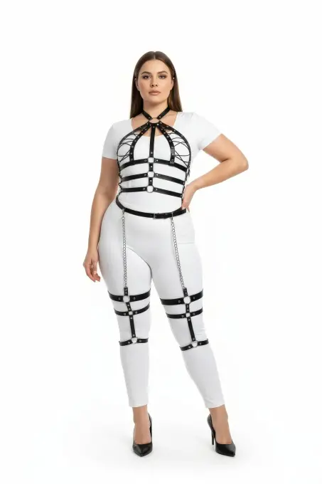 Büyük Beden Siyah Kadın Harness Takım Zincir Detaylı Full Body Deri Aksesuar - APFT698 - 1