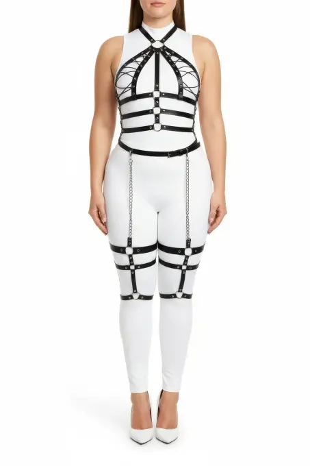 Büyük Beden Siyah Kadın Harness Takım Zincir Detaylı Full Body Deri Aksesuar - APFT698 - 2