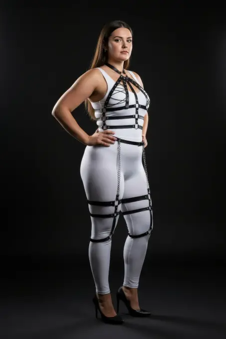 Büyük Beden Siyah Kadın Harness Takım Zincir Detaylı Full Body Deri Aksesuar - APFT698 - 3