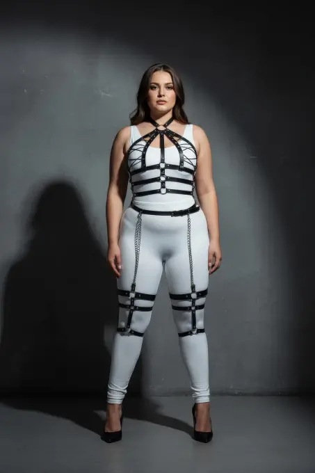 Büyük Beden Siyah Kadın Harness Takım Zincir Detaylı Full Body Deri Aksesuar - APFT698 - 4