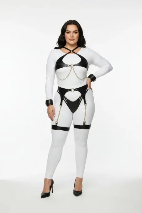 Büyük Beden Siyah Kadın Harness Takım Zincir Detaylı Jartiyerli - APFT1219 - 1