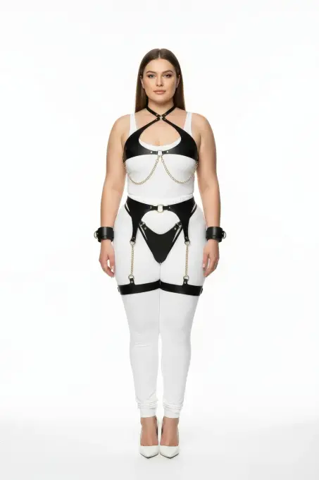 Büyük Beden Siyah Kadın Harness Takım Zincir Detaylı Jartiyerli - APFT1219 - 2