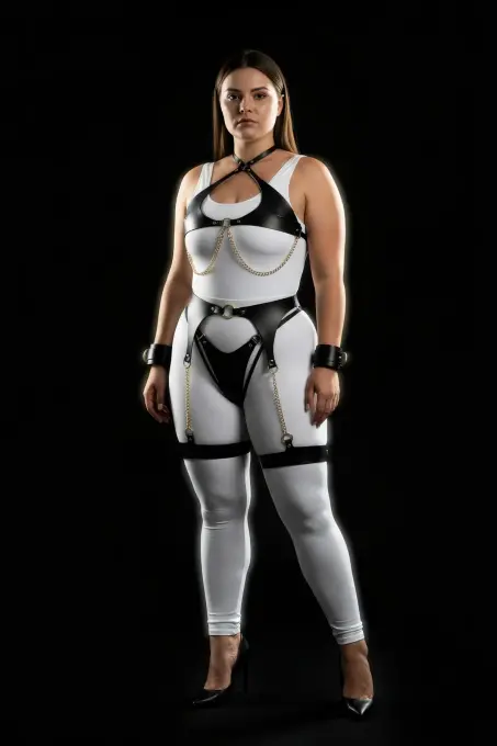 Büyük Beden Siyah Kadın Harness Takım Zincir Detaylı Jartiyerli - APFT1219 - 3