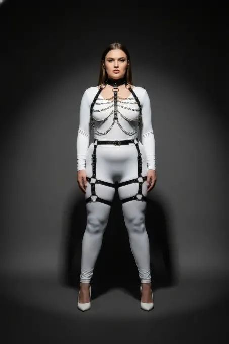 Büyük Beden Siyah Kadın Harness Takım Zincir Detaylı Jartiyerli Deri Set - APFT1262 - 4