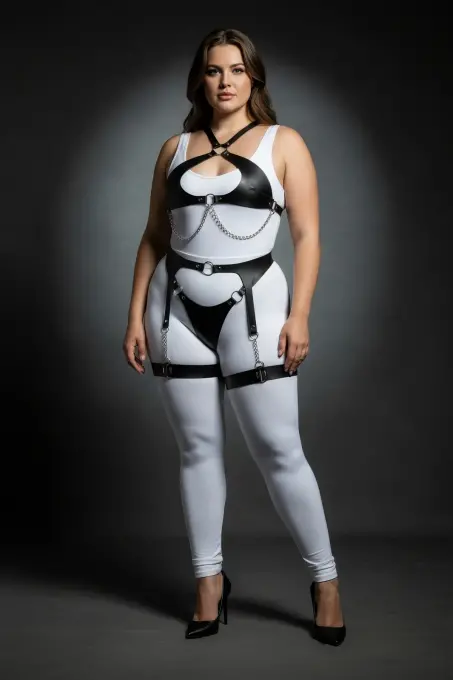 Büyük Beden Siyah Kadın Harness Takım Zincir Detaylı Jartiyerli Vücut Aksesuarı - APFT1330 - 1