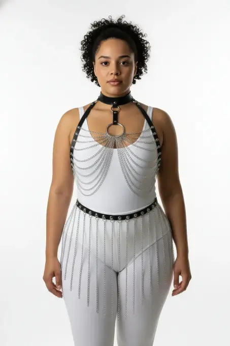 Büyük Beden Siyah Kadın Harness Takım Zincir Detaylı Seksi Deri - APFT462 - 1