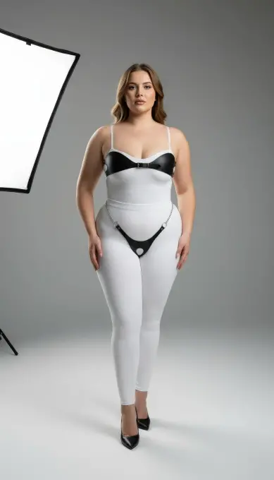 Büyük Beden Siyah Kadın Harness Takım Zincir ve Halka Detaylı Deri Fantezi Aksesuar - APFT1234 - 1