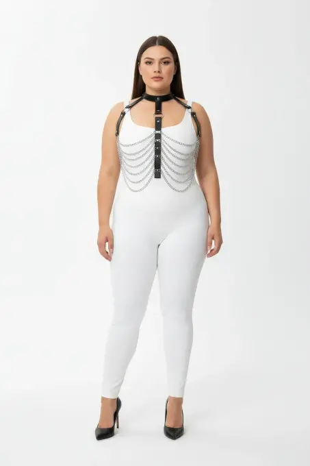 Büyük Beden Siyah Kadın Harness Takım Zincir ve Halka Detaylı Deri Vücut Aksesuarı - APFT721 - 1