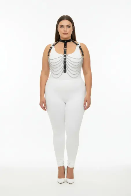 Büyük Beden Siyah Kadın Harness Takım Zincir ve Halka Detaylı Deri Vücut Aksesuarı - APFT721 - 2