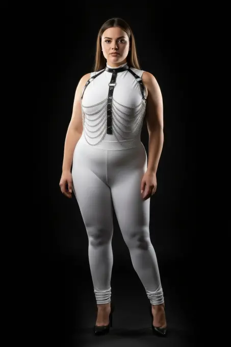 Büyük Beden Siyah Kadın Harness Takım Zincir ve Halka Detaylı Deri Vücut Aksesuarı - APFT721 - 3