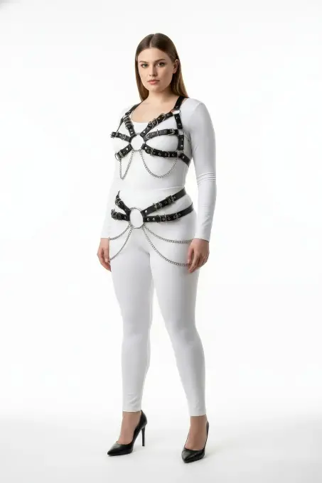 Büyük Beden Siyah Kadın Harness Takım Zincir ve Halka Detaylı Fantezi Aksesuarı - APFT1260 - 1