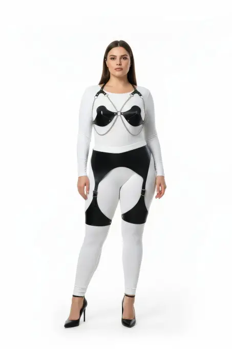 Büyük Beden Siyah Kadın Harness Takım Zincir ve Jartiyer Detaylı - APFT1220 - 1