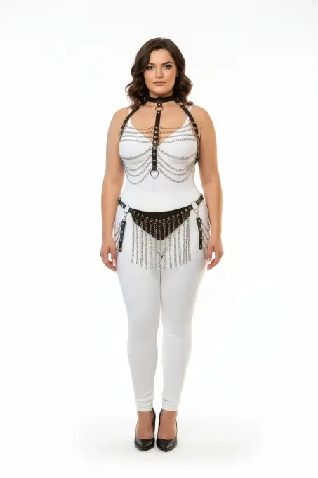 Büyük Beden Siyah Kadın Harness Takım Zincir ve Püskül Detaylı Deri Fantezi Aksesuar - APFT328 - 2