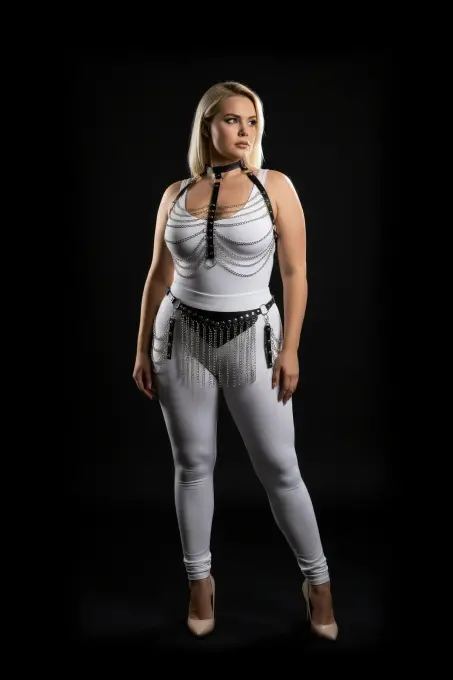 Büyük Beden Siyah Kadın Harness Takım Zincir ve Püskül Detaylı Deri Fantezi Aksesuar - APFT328 - 3