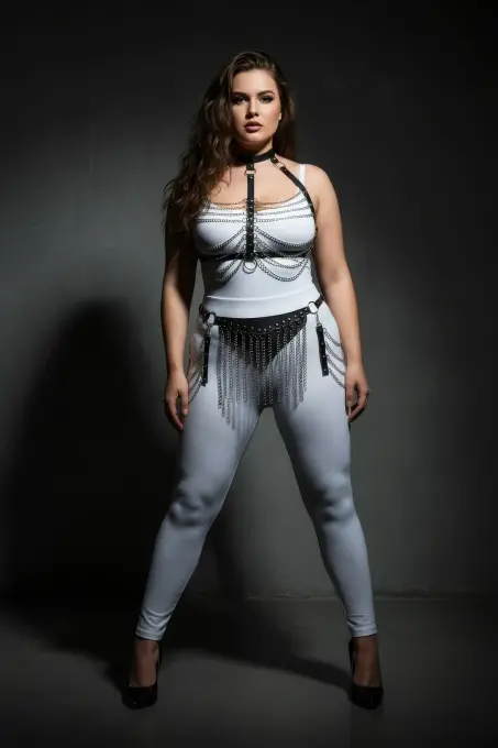 Büyük Beden Siyah Kadın Harness Takım Zincir ve Püskül Detaylı Deri Fantezi Aksesuar - APFT328 - 4