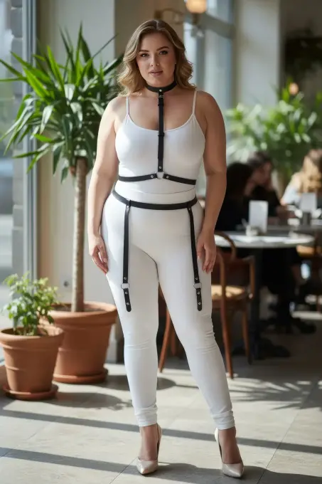 Büyük Beden Siyah Kadın Jartiyer Harness Boyun ve Bacak Detaylı Deri Aksesuar - APFT230 - 2