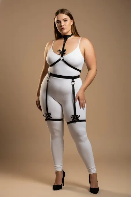 Büyük Beden Siyah Kadın Jartiyer Harness Fiyonk Detaylı Fantazi Vücut Aksesuarı - APFT276 - 1