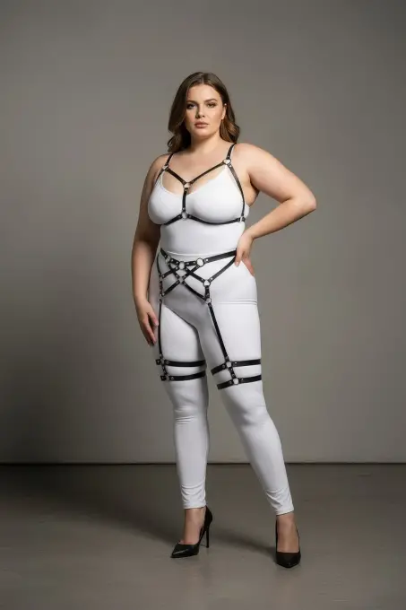 Büyük Beden Siyah Kadın Jartiyer Harness Full Body Deri Takım - APFT289 - 1