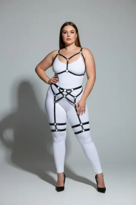 Büyük Beden Siyah Kadın Jartiyer Harness Full Body Deri Takım - APFT289 - 2