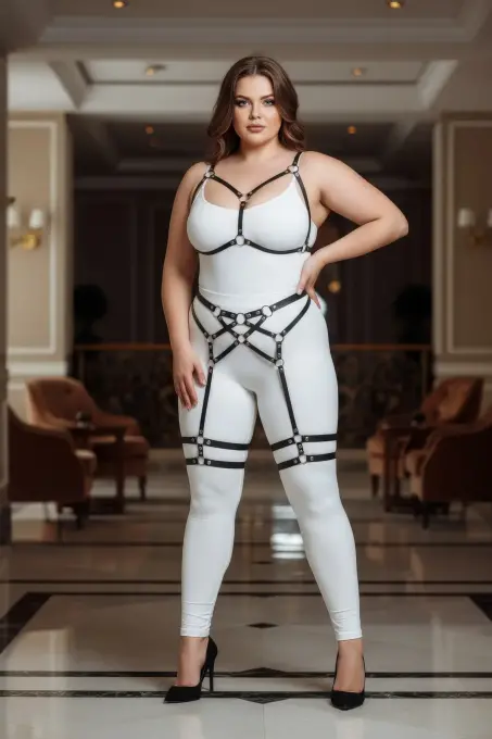 Büyük Beden Siyah Kadın Jartiyer Harness Full Body Deri Takım - APFT289 - 4