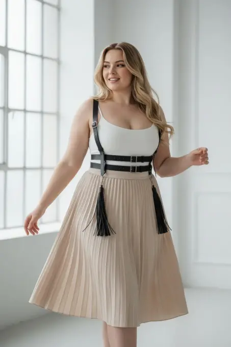 Büyük Beden Siyah Kadın Kemer Askılı Korse Tarzı Püskül Detaylı Deri Vücut Aksesuarı - APFT1393 - 2