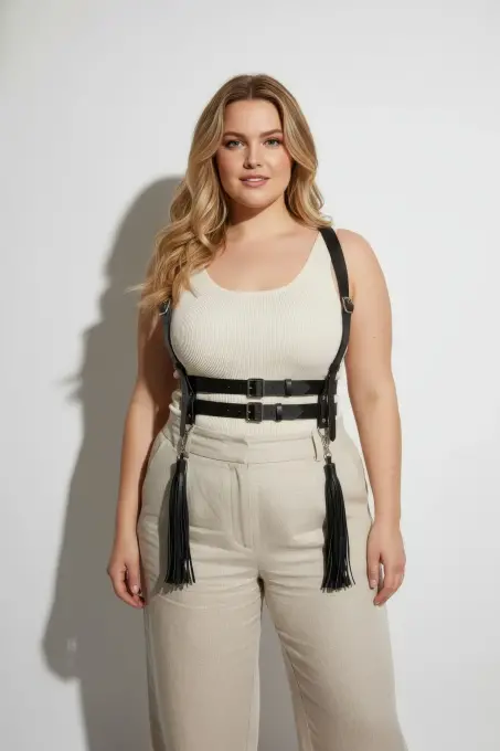 Büyük Beden Siyah Kadın Kemer Askılı Korse Tarzı Püskül Detaylı Deri Vücut Aksesuarı - APFT1393 - 5