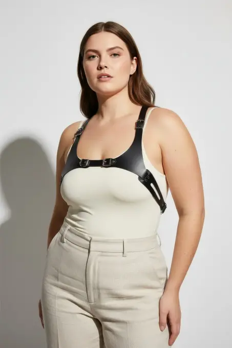 Büyük Beden Siyah Kadın Kemer Ayarlanabilir Deri Harness Vücut Aksesuarı - APFT1271 - 1