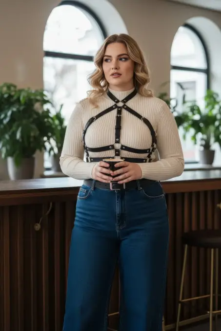 Büyük Beden Siyah Kadın Kemer Ayarlanabilir Deri Harness Vücut Aksesuarı - APFT218 - 1